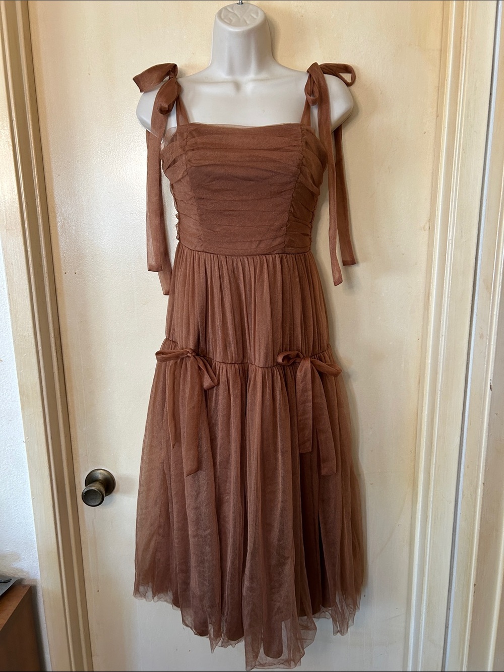 Storia Zelda Rust Brown Tulle Tie-Shoulder Midi Dress size S